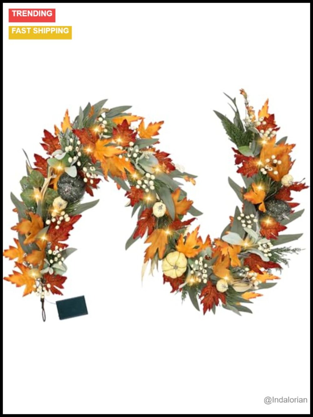 6 Ft Fall Garland with Lights and Timer, Pumpkin Berry Maple Leaves